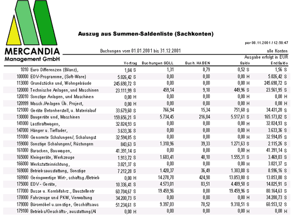 Auszug aus Summen-Saldenliste (Sachkonten)